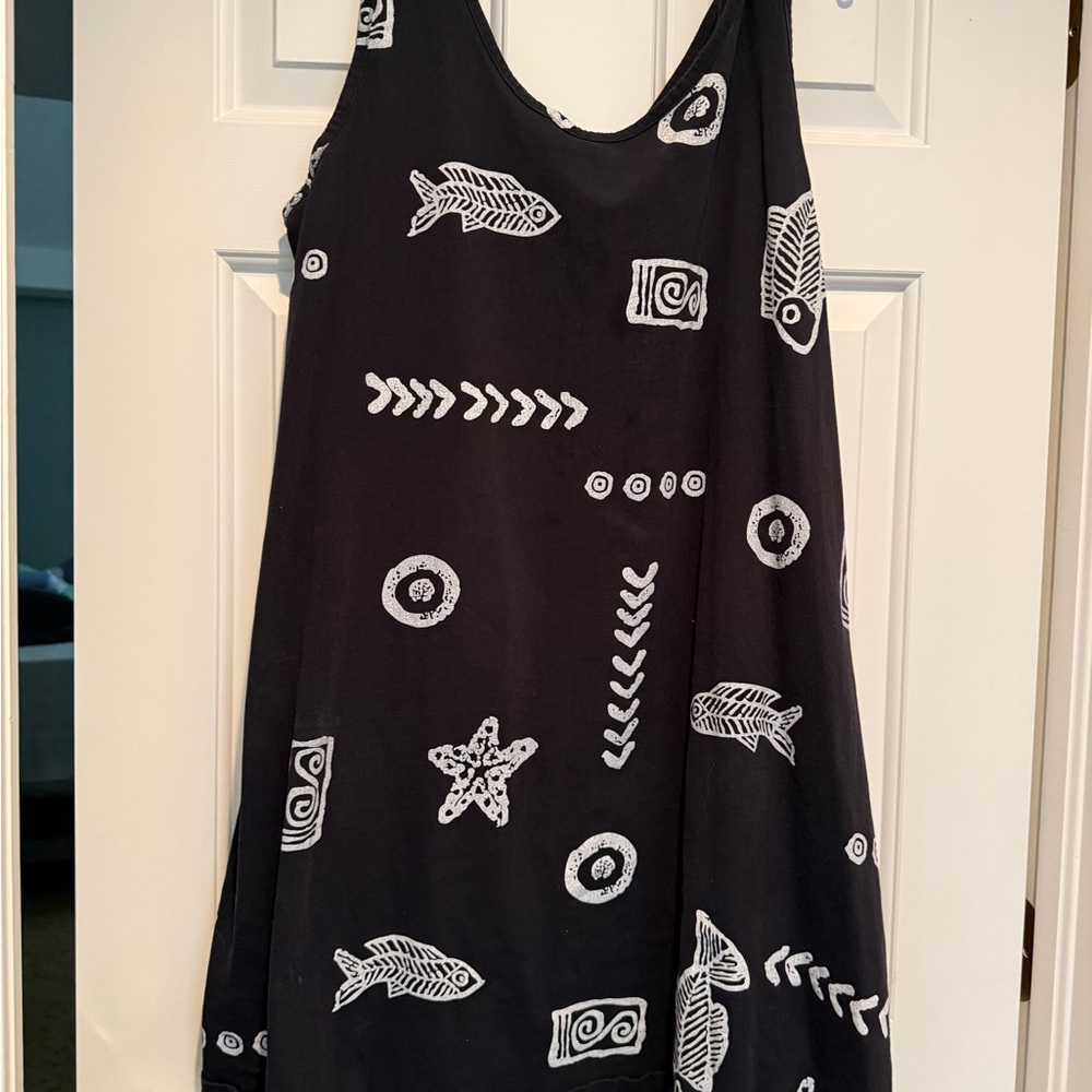 Black Sleeveless Dress with White Fish Print